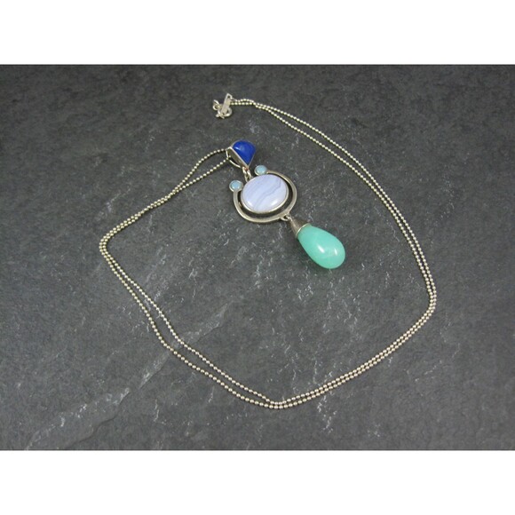 Sterling Lapis Lazuli Banded Agate Aventurine Opal Pendant - Picture 7 of 16